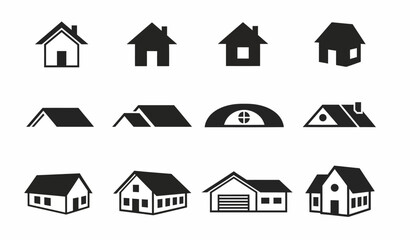 Collection of Various House Icons in Black and White, Suitable for Design and Branding Projects