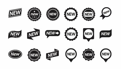 Obraz premium A comprehensive set of black 'New' sticker icons and promotional labels. Modern minimalist design elements for retail and marketing