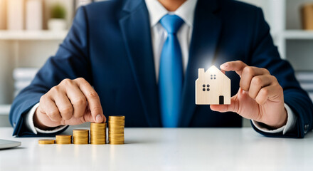 Man in suit holding a house model and stacking gold coins, symbolizing home investment