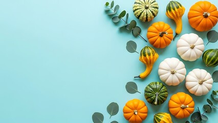 Colorful autumn pumpkins, gourds and eucalyptus on light blue.