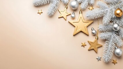 Festive holiday background with golden stars and silver baubles