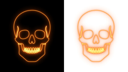 Orange neon skull glowing on black and transparent backgrounds, bright spooky outline design for Halloween and edgy graphic themes