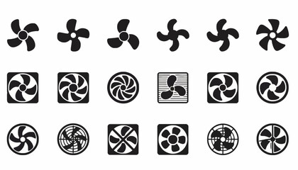 Collection of Fan Icons Diverse Designs for Cooling and Airflow, Black Silhouette Set