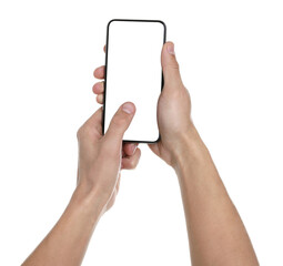 Man holding smartphone with blank screen on white background, closeup. Mockup for design