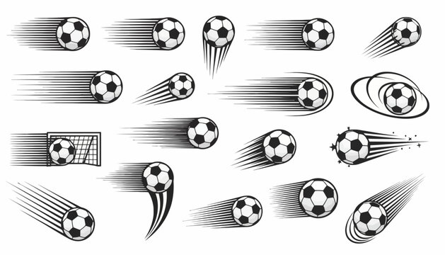 A collection of dynamic monochrome soccer balls in fast motion, featuring speed trails, action lines, and goal scoring elements for sports design