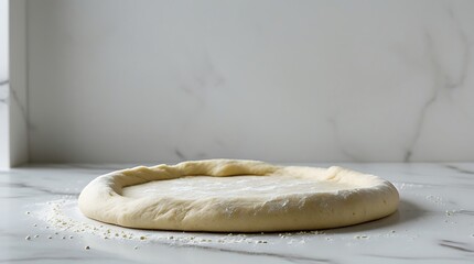 A photo of a rounded pizza dough circle placed on a pristine white marble-like surface, set against a clean and minimalist white background, with subtle flour sprinkle.