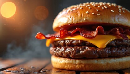 Juicy double cheeseburger with crispy bacon. Served on rustic wooden table with smoky background and warm lighting. Perfect for food blogs or restaurant menus.