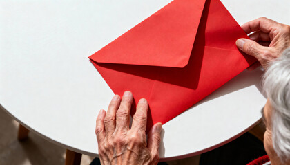 Elderly hands holding a bright red envelope on a white table. Top view of senior person with mail, gift or letter. Concept for Lunar New Year, Christmas or Valentine's Day. Copy space