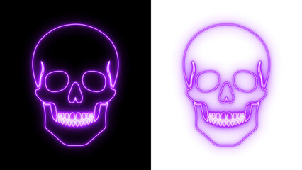 Purple neon skull glowing on black and transparent backgrounds, bright spooky outline design for Halloween and edgy graphic themes