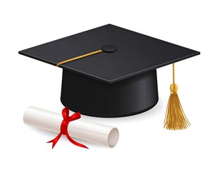 Graduation cap and diploma, symbol of academic achievement and successful completion