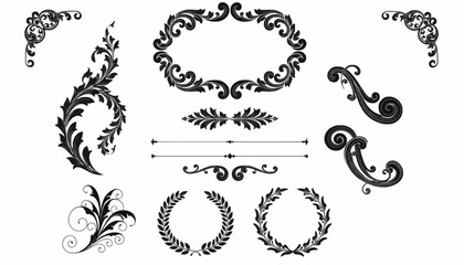Elegant Vector Elements Decorative Flourishes, Frames, and Laurel Wreaths in Black and White