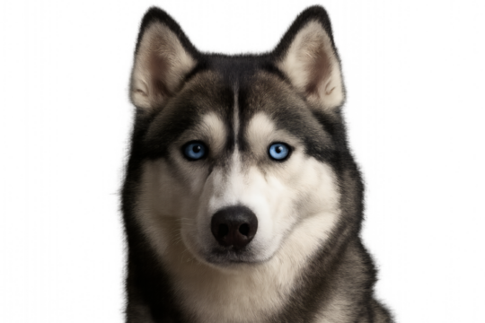 High-quality close-up portrait of a Siberian Husky with bright blue eyes, detailed fur texture, strong gaze and natural lighting, Ideal for pet-themed content, blogs, advertising and print