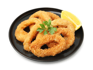 Deep fried squid rings with parsley and lemon slice isolated on white