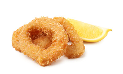 Deep fried squid rings and lemon slice isolated on white