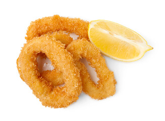Deep fried squid rings and lemon slice isolated on white, top view