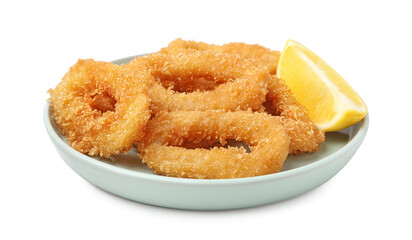 Deep fried squid rings and lemon slice isolated on white
