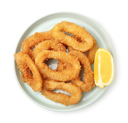 Deep fried squid rings and lemon slice isolated on white, top view