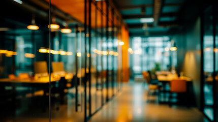 A photograph of an office space with a modern design featuring a long corridor with glass partitions and a warm ambient lighting