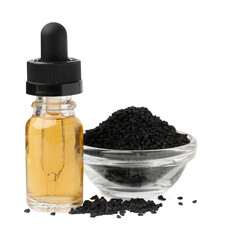 Black cumin seeds and oil isolated on white