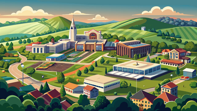 Very beautiful aerial view of Hershey, Pennsylvania, showcasing a mix of urban and suburban areas, green spaces, and gentle rolling hills under soft daylight, captured in a clean, stock-friendly style