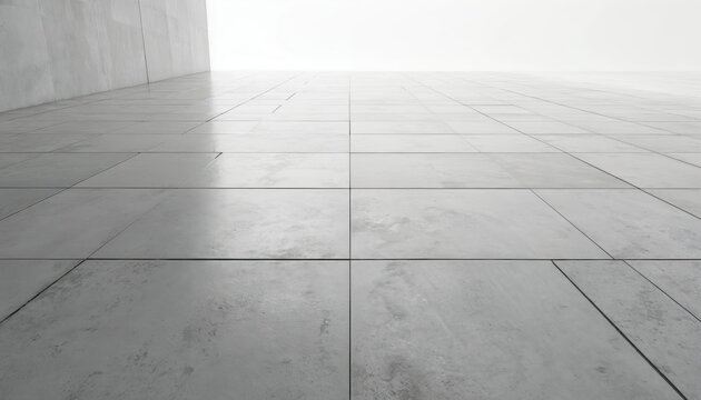 Large grey tiles stretch into bright white distance, showing clean smooth surface and geometric pattern. Architectural background conveys modern minimalism and empty space.