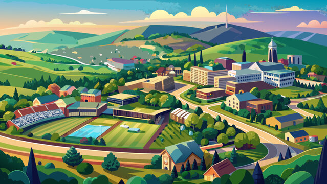 Very beautiful aerial view of Hershey, Pennsylvania, showcasing a mix of urban and suburban areas, green spaces, and gentle rolling hills under soft daylight, captured in a clean, stock-friendly style