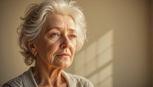 Portrait of elderly woman in warm sunlight on neutral background
- Powered by Adobe