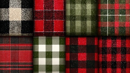 Christmas red green black tartan and buffalo check plaid vector patterns. Rustic holiday backgrounds with fabric textures.