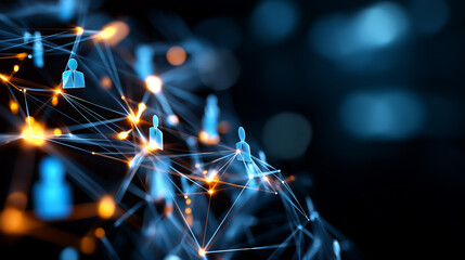 Illuminated network graph with connected nodes and human icons defocused dark background symbolizing recruitment social connections glowing figures display futuristic