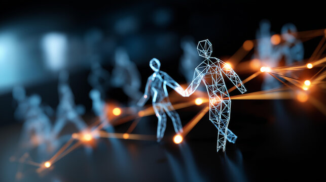 Illuminated network graph with connected nodes and human icons defocused dark background symbolizing recruitment social connections glowing figures display futuristic