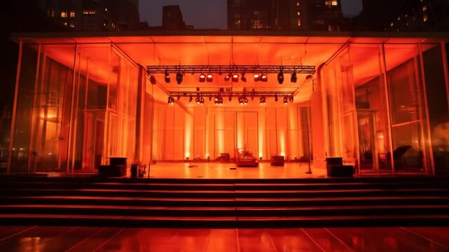 Empty outdoor stage illuminated with vibrant orange-red lights at night, ready for a performance or event in an urban setting.