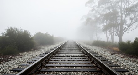 The fog-shrouded scene depicts train rails surrounded by green vegetation, symbolizing a journey into the unknown.