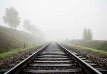 Railway tracks create strong leading lines as they disappear into a dense white mist in a green, atmospheric landscape.