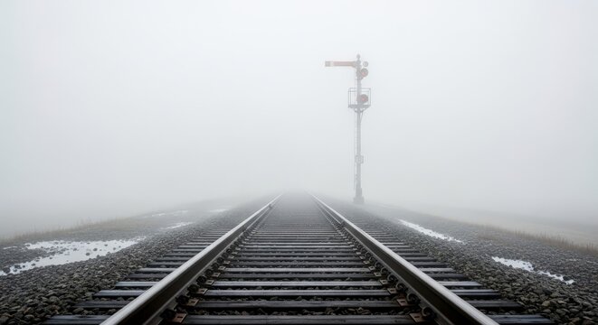 The path of the railroad tracks vanishes into an impenetrable layer of mist, creating a mysterious and isolated visual.