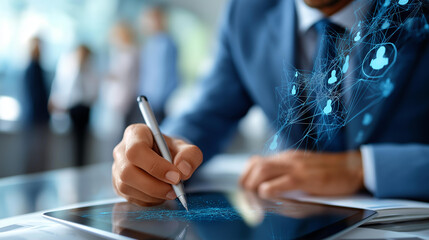 Professional using stylus on tablet with digital personnel management interface faceless businessman defocused background employee structure chart team analytics dashboard