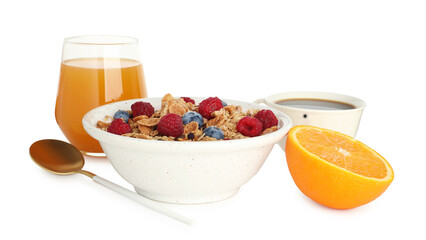 Tasty breakfast. Granola with yogurt, fruits, coffee and orange juice isolated on white