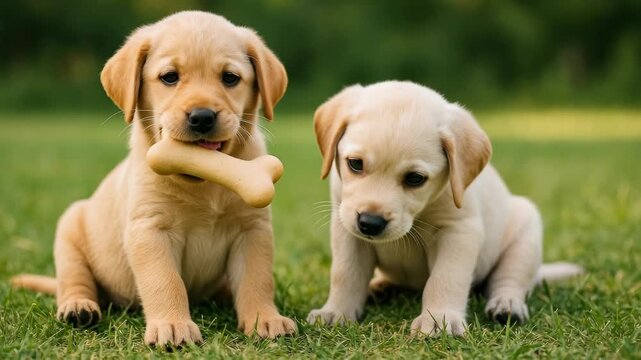 Two adorable puppies share a bone on grass, captured in a close-up, eye-level angle. Perfect for a heartwarming pet video concept. Live desktop wallpaper.
