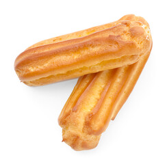 Tasty eclairs isolated on white, top view