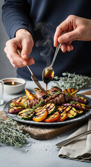 Grilled vegetable platter with balsamic glaze, hands drizzling balsamic reduction from a small spoon over the vegetables, surrounded by frosted thyme, rustic board, candle reflection and napkin