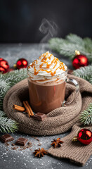 Hot chocolate with whipped cream and caramel drizzle in a glass mug, surrounded by knitted wool scarf, fir branches dusted with snow, chocolate chunks and shining red ornaments