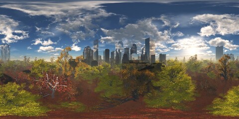 Autumn trees in the fog view from above. HDRI . equidistant projection. Spherical panorama. panorama 360. environment map, 3d rendering