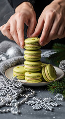 Pistachio macarons with cream filling, hands gently stacking macarons into a tower, surrounded by silver snowflake ornaments, frosted glass beads, soft wool cloth and pine branches
