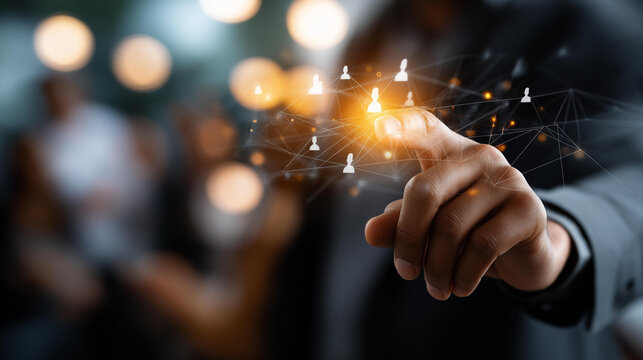 Business technology concept with digital human interface defocused background personnel management visualization workforce connectivity display organizational platform