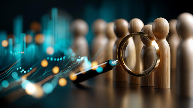 Wooden human figures with magnifying lens and digital analytics dashboard defocused data background representing human resources management people analytics intelligent