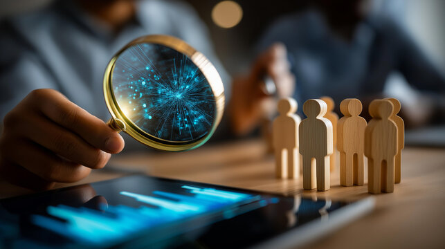 Wooden human figures with magnifying lens and digital analytics dashboard defocused data background representing human resources management people analytics intelligent