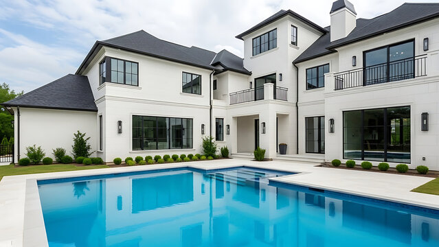 Luxury modern white home with swimming pool and elegant architectural design features