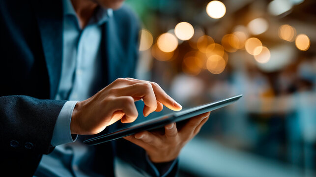 Digital employee onboarding and verification process using tablet faceless hand defocused technology background personnel integration platform workforce authentication system