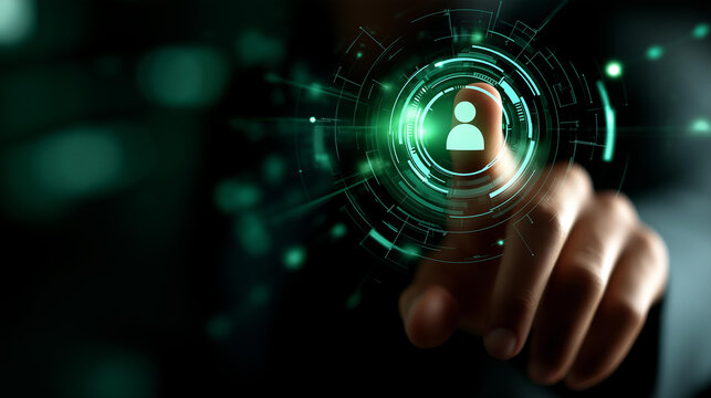 Recruitment technology dashboard hologram defocused digital network background data visualization abstract workforce human icon intelligent analytics display personnel - Powered by Adobe