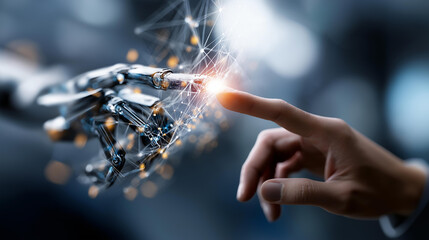Futuristic robotic hand touching social network interface defocused digital background intelligent powered connectivity transformation automation modern communication