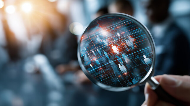 Futuristic digital concept showing leadership search and team management defocused data network background magnifying lens global tech visualization 3D rendering personnel - Powered by Adobe
